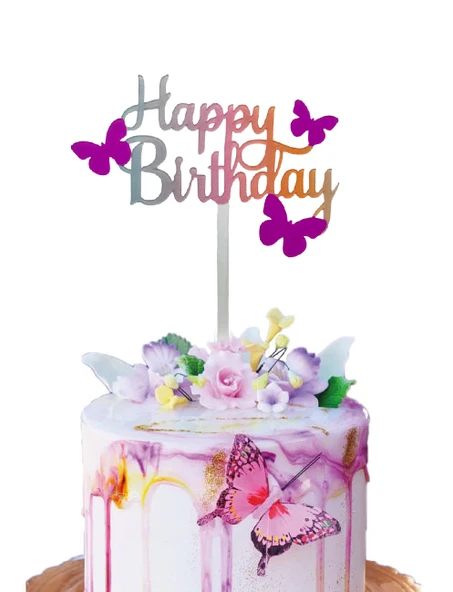 Pasta Üstü Çubuklu Happy Birthday Kelebek Renkli 11x12 cm ürün görseli 1