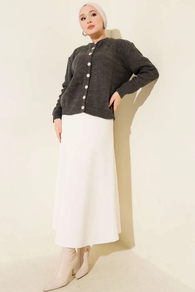 Zikzak Desenli Gold Düğmeli Triko Hırka Füme - Resim 2