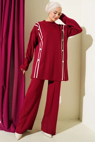 Şerit Detaylı Düğmeli Triko İkili Takım Bordo ürün görseli 1