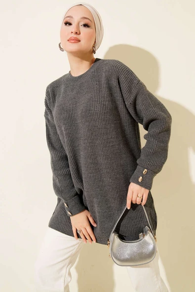 Kol Düğme Detaylı Triko Tunik Füme ürün görseli 1