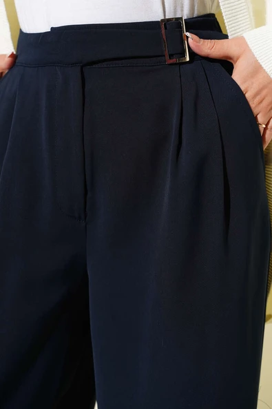 Bel Kemer Tokalı Palazzo Pantolon Lacivert - Resim 4