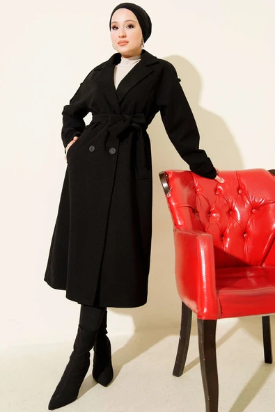 Kruvaze Yaka Omuz Apoletli Kaşe Kaban Siyah - Resim 1