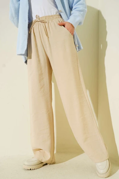 Beli Lastikli Palazzo Pantolon Bej - Resim 2