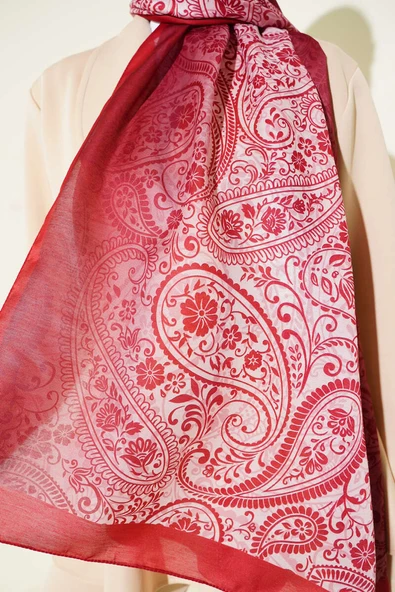 Paisley Çiçek Desen Şal Bordo - Resim 4