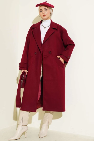 İki Düğmeli Kruvaze Yaka Kaşe Kaban Bordo - Resim 2