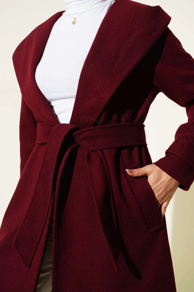 Kapüşonlu Düğmeli Kaşe Kaban Bordo - Resim 4