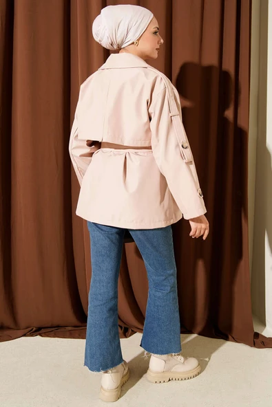 Omuz Apoletli Kuşaklı Trençkot Bej - Resim 3