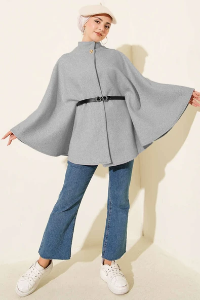 Tek Düğmeli Kemerli Kaşe Panço Gri - Resim 2