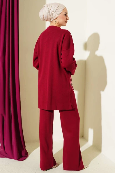 Şerit Detaylı Düğmeli Triko İkili Takım Bordo - Resim 3