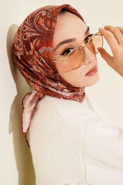 Retro Motifli Modal Eşarp Somon - Resim 2