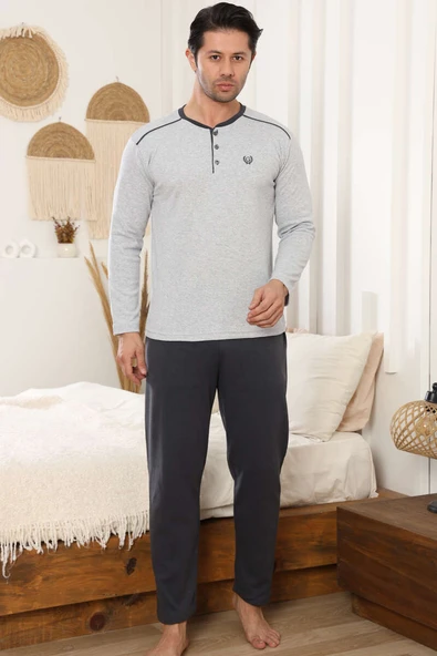 Arma Detaylı Uzun Kollu Erkek Pijama Takımı Gri - Resim 2