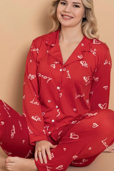 Gömlek Yaka Desen Detaylı Pijama Takımı Kırmızı - Resim 2
