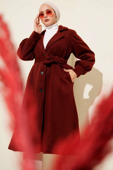 Kruvaze Yaka Kuşaklı Astarlı Kaşe Kaban Bordo ürün görseli 1