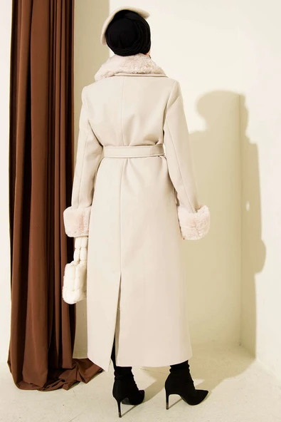 Yaka ve Bilek Kürklü Kaşe Kaban Taş - Resim 3