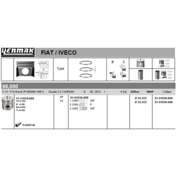 İveco Ticarı Piston Segman 88mm(0,40) Daıly Ducato Jest 2,3 C13 F1a F1ae0481t F1ae3481d F1ae3481e F1ae3481g Euro5 - Yenmak 31-31016-040 ürün görseli