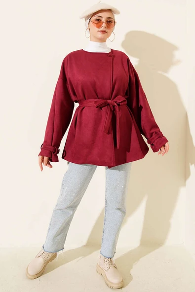 Tek Düğmeli Kuşaklı Süet Ceket Bordo - Resim 2