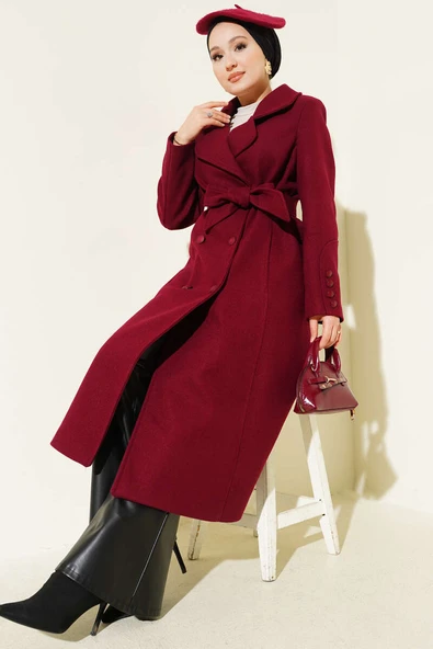 Bilek Düğmeli Kuşaklı Kaşe Kaban Bordo ürün görseli 1