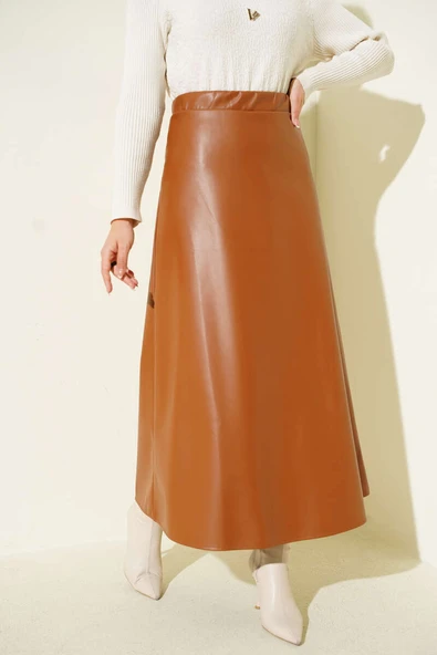 Bel Lastikli Kloş Basic Deri Etek Taba ürün görseli 1