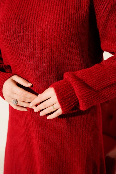 Selanik Örgü Yumoş Triko Tunik Kırmızı - Resim 4