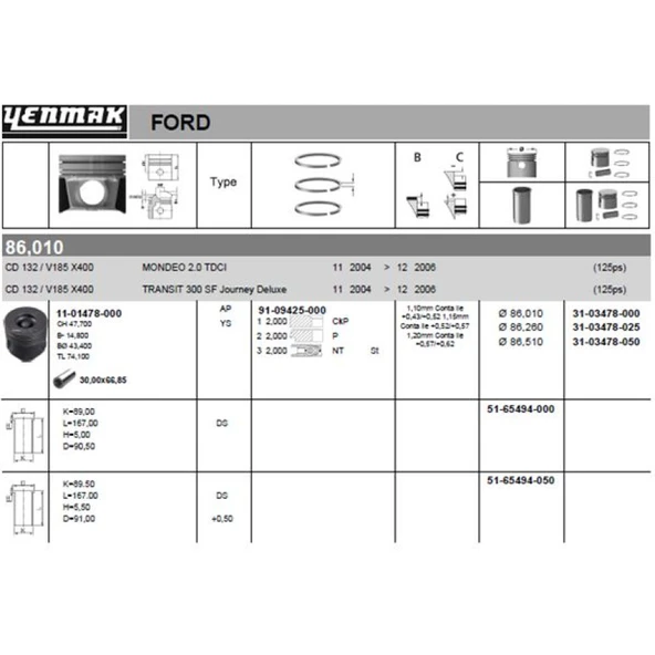 Ford Motor Piston Segman (86,00mm) / (0,50 Farklı) Transıt V184 V185  01>06 Mondeo 2,0tdci 125ps 04>06 On - Yenmak 36-03478-050 ürün görseli 1