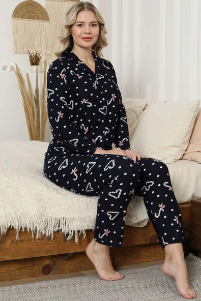 Gömlek Yaka Düğmeli Pijama Takımı Lacivert ürün görseli 1