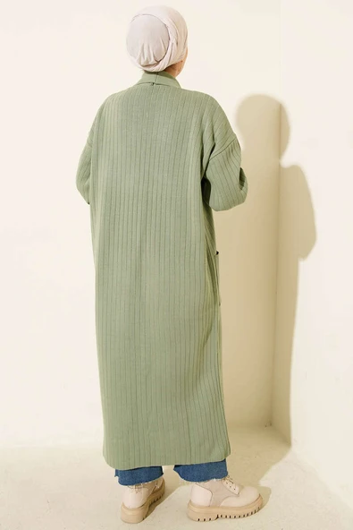 Kol Ucu Düğmeli Şal Yaka Triko Hırka Çağla Yeşili - Resim 3