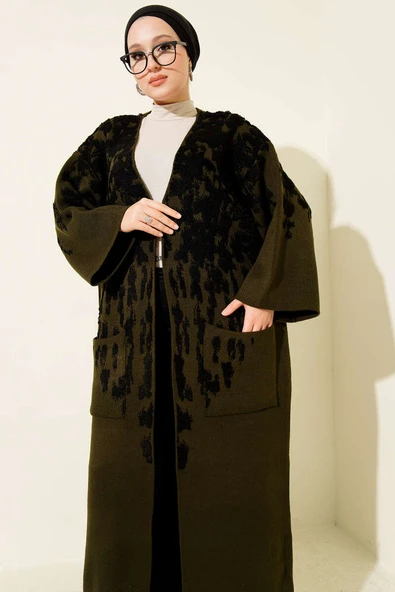 Kabartma Desenli Triko Uzun Hırka Haki - Resim 2