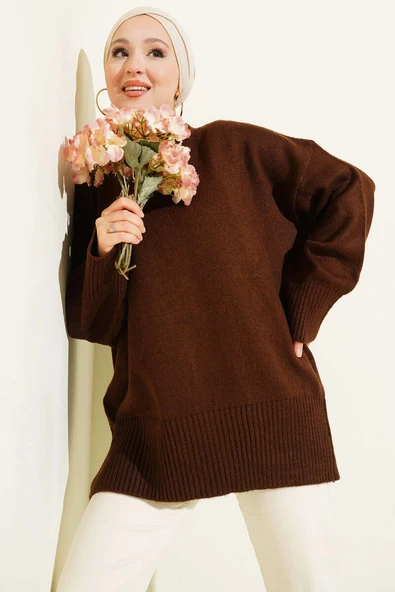 Düşük Omuz Salaş Triko Tunik Kahve ürün görseli 1