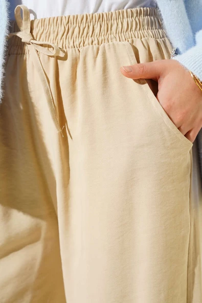 Beli Lastikli Palazzo Pantolon Bej - Resim 4