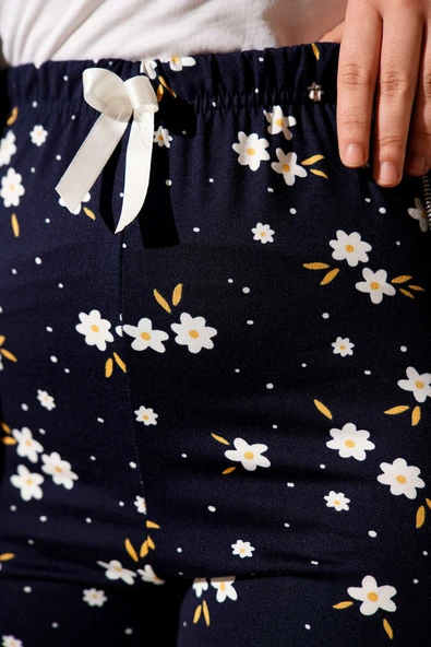 Bel Lastikli Desenli Pijama Altı Koyu Lacivert - Resim 4