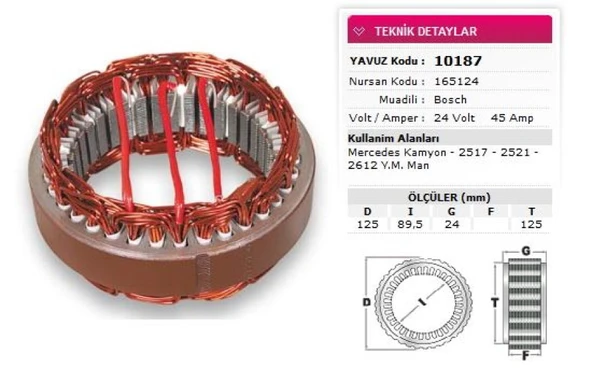 Mercedes Truck Stator Bosch Tip 24v 45a Mercedes 2517 2521 2612 Ym Man Bmc 827 Cargo 3226 Nursan 165124 - Yavuz 10 187 ürün görseli