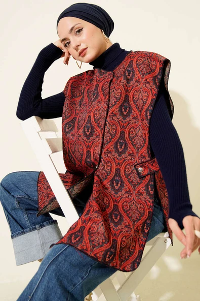 Etnik Desen Çıtçıtlı Yelek Bordo ürün görseli