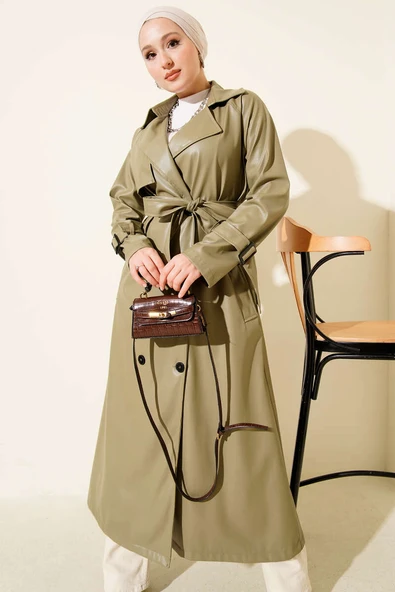 Düğmeli Kuşaklı Deri Trençkot Çağla Yeşili - Resim 2