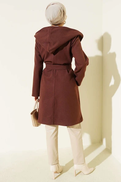 Kuşaklı Kapüşonlu Kaşe Kaban Kestane - Resim 3