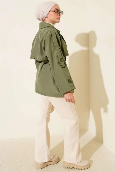 Omuz Apoletli Kuşaklı Trençkot Haki - Resim 3