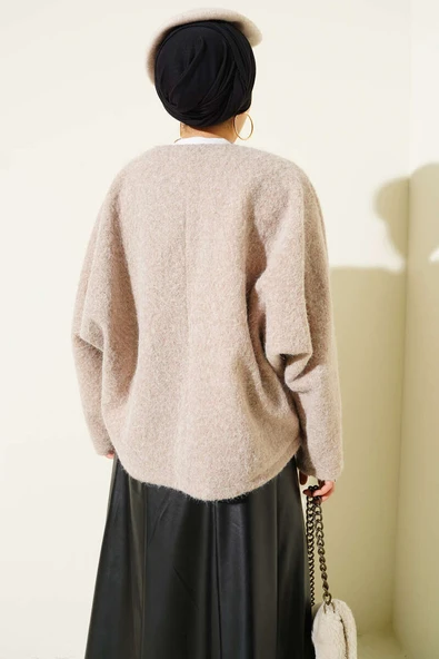 Önü Bağlamalı Keçe Kısa Ceket Bej - Resim 3