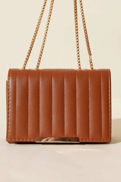 Zincir Askılı Dikdörtgen Çanta Taba - Resim 2