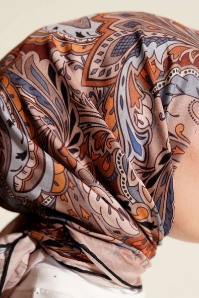 Retro Motifli Modal Eşarp Bej Mavi - Resim 4