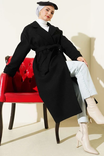 İki Düğmeli Kruvaze Yaka Kaşe Kaban Siyah ürün görseli 1