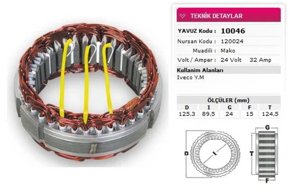 İveco Truck Stator Mako Tip 24v 32a İveco Ym Nursan 120024 - Yavuz 10 046 ürün görseli