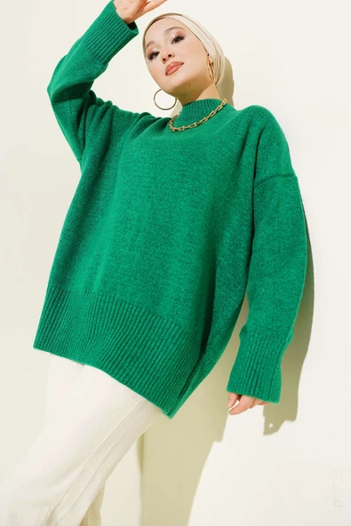 Düşük Omuz Salaş Triko Tunik Yeşil ürün görseli