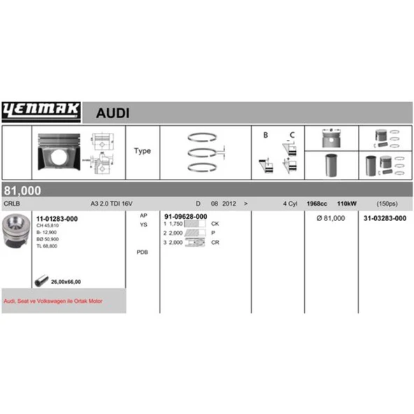 Vag Piston+segman (81,00mm Std) A3 Leon Golf Passat 2.0 Tdi Crlb Cuvc Cuua Cuub Cuuc Cuue Cuuf Crbc Crva - Yenmak 31-03283-000 ürün görseli 1