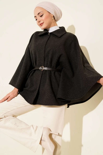 Kemerli Gömlek Yaka Kaşe Panço Füme ürün görseli 1