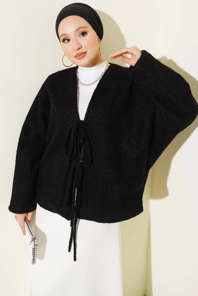 Önü Bağlamalı Keçe Kısa Ceket Siyah ürün görseli 1