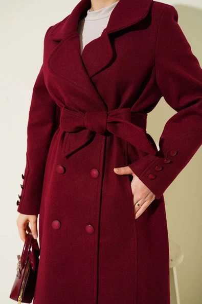 Bilek Düğmeli Kuşaklı Kaşe Kaban Bordo - Resim 4