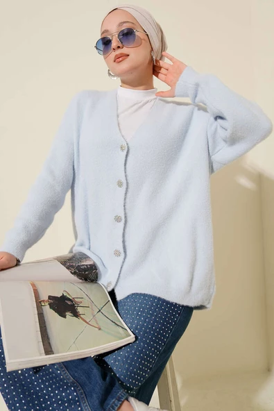 Sakallı Düğmeli Hırka Bebe Mavi ürün görseli