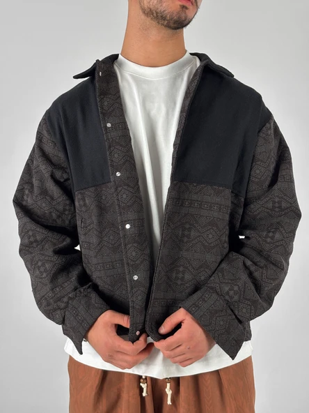 Koyu Kahve Etnik Desenli Tasarım Erkek Ceket COC1072 ürün görseli