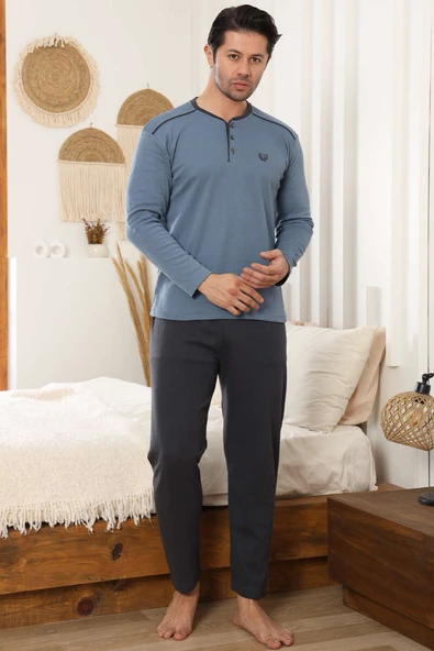 Arma Detaylı Uzun Kollu Erkek Pijama Takımı Mavi ürün görseli 1