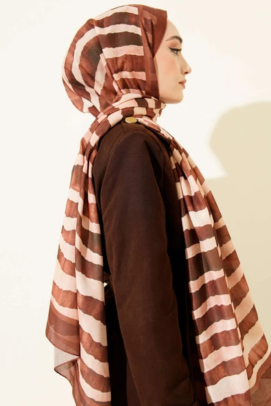 Stick Desen Lina Şal Kahve - Resim 3