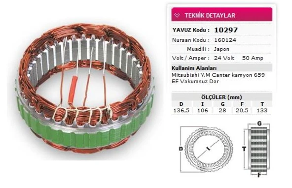 Mitsubıshı Ticarı Alternator Stator 24v 50a Mitsubıshı Tip Canter Fe659 Y.m Ef Hyundaı Hd35 Hd75 Vakumsuz Nursan 16012 - Yavuz 10 297 ürün görseli